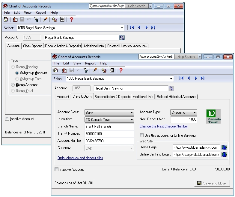 Chart of Accounts Records window